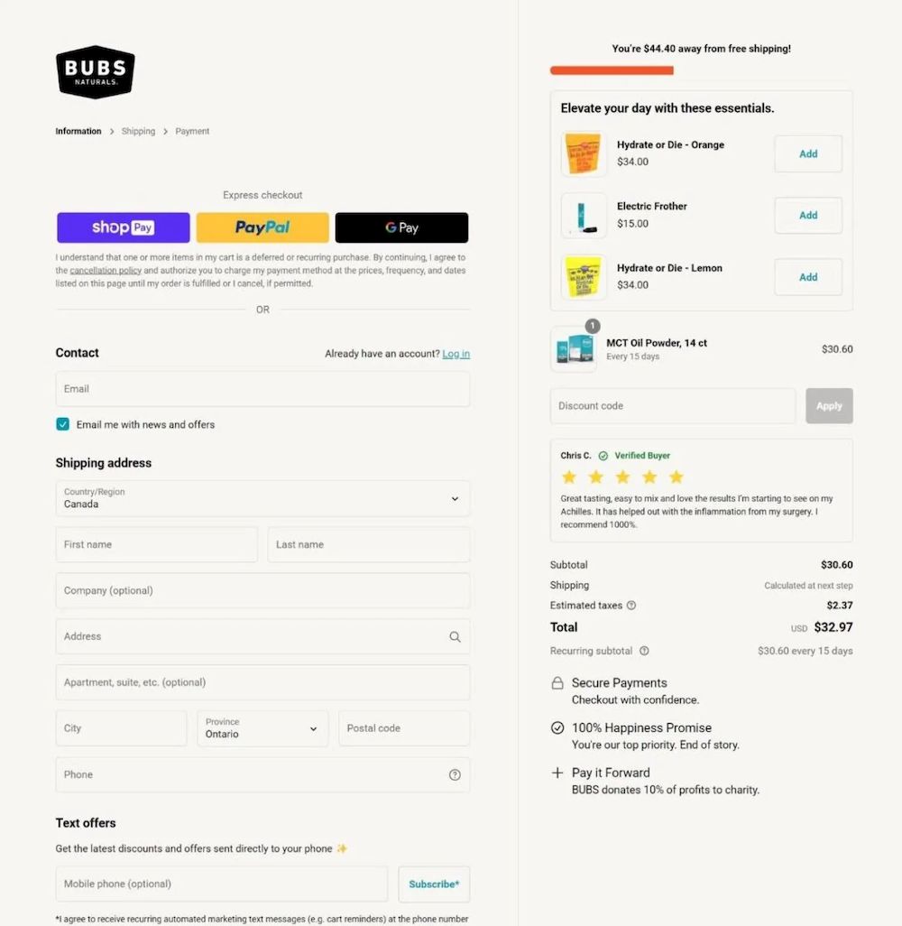 Bubs Naturals的结账页面,显示星级评分、评价和商品总费用。