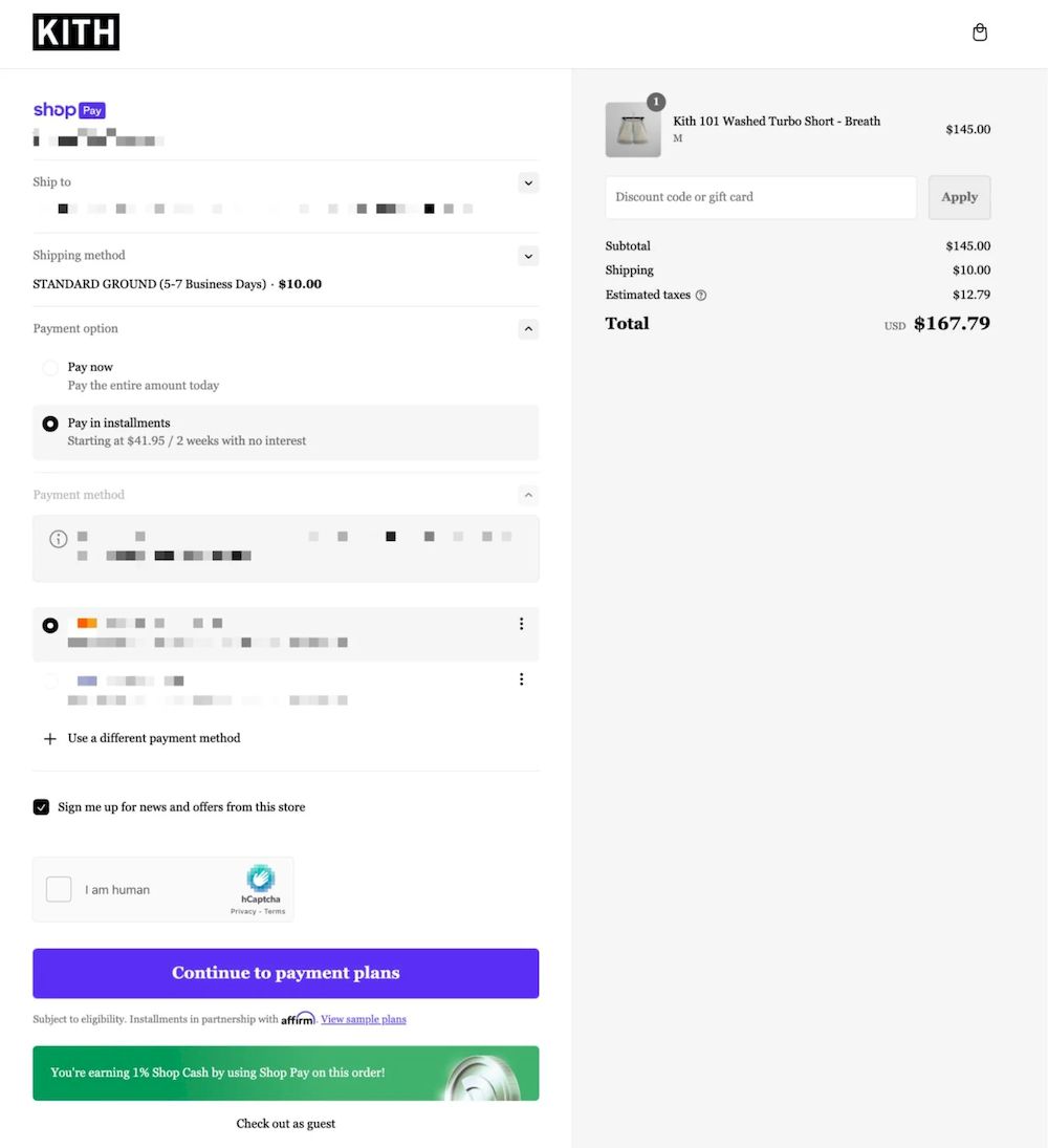 Kith的结账页面,包含配送选项、付款方式和订单总摘要。