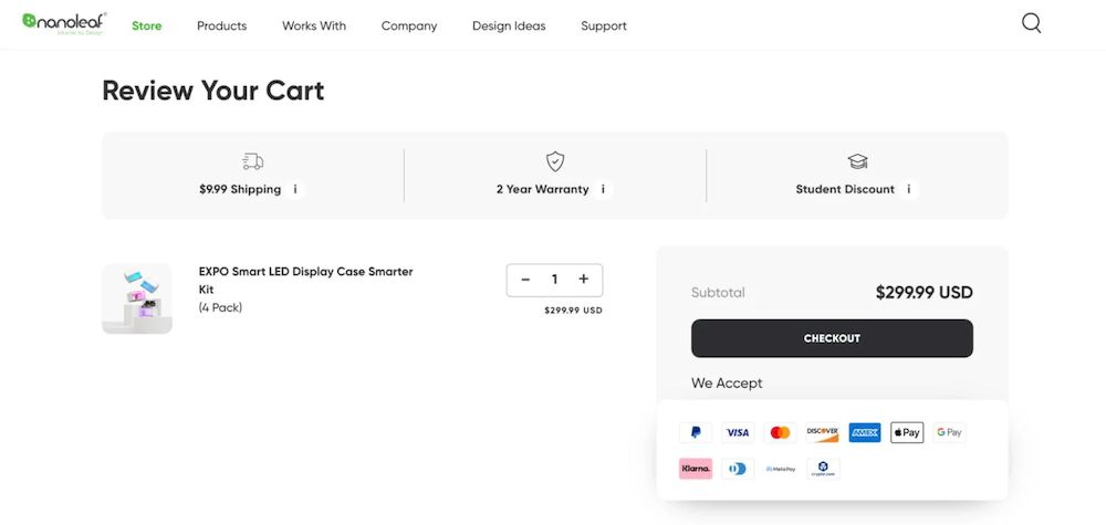 Nanoleaf的购物车查看页面,包含配送信息和简化的结账按钮。